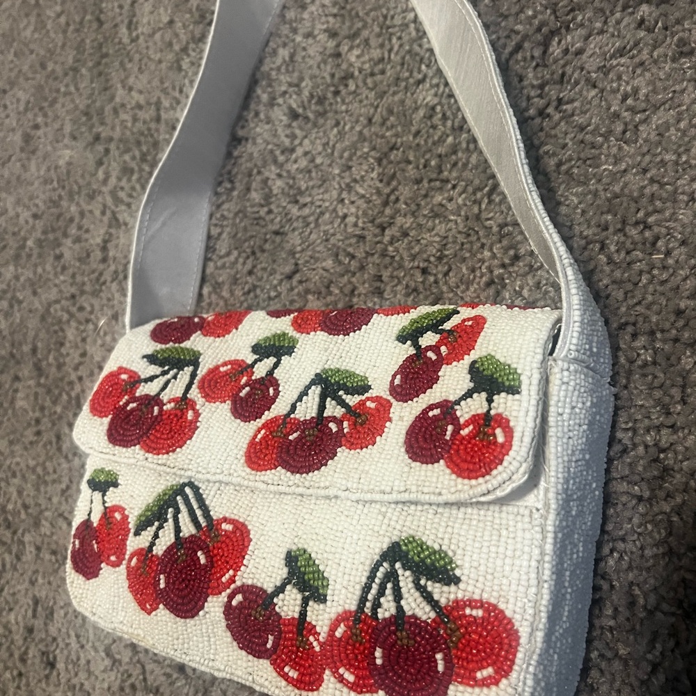 Cherry Beaded White Shoulder Bag